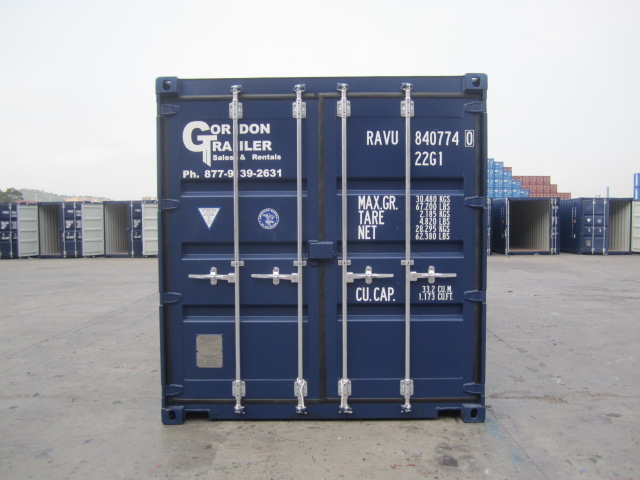 A blue container with many doors open.