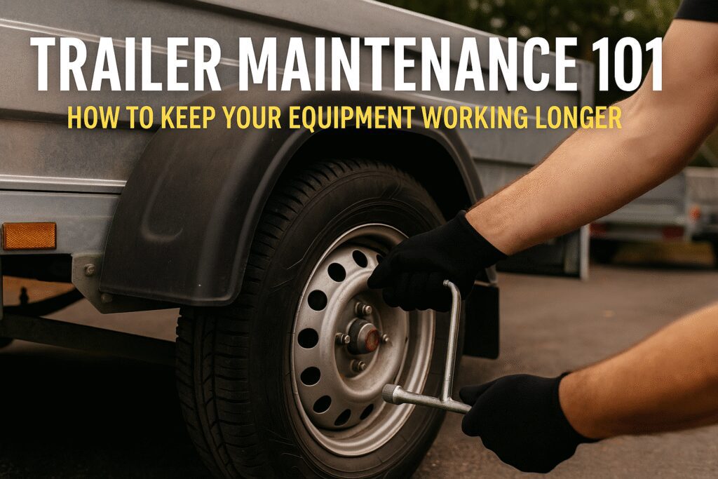 Mechanic applying grease to a trailer wheel hub during maintenance, with a Gordon Trailer Sales & Rentals logo in the background