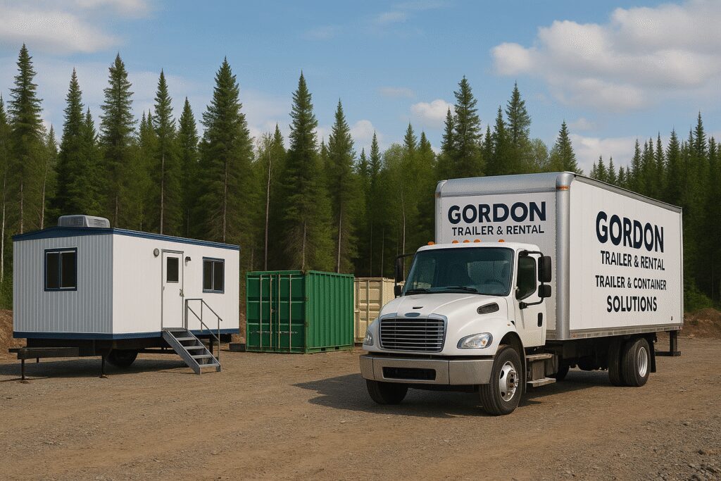 A remote Northern Ontario worksite with a mobile office trailer, storage containers, and a Gordon Trailer delivery truck.