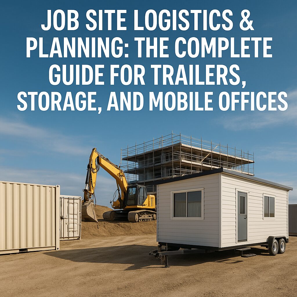 A construction site with a mobile office trailer, shipping containers, and an excavator under blue sky, representing job site logistics and planning.