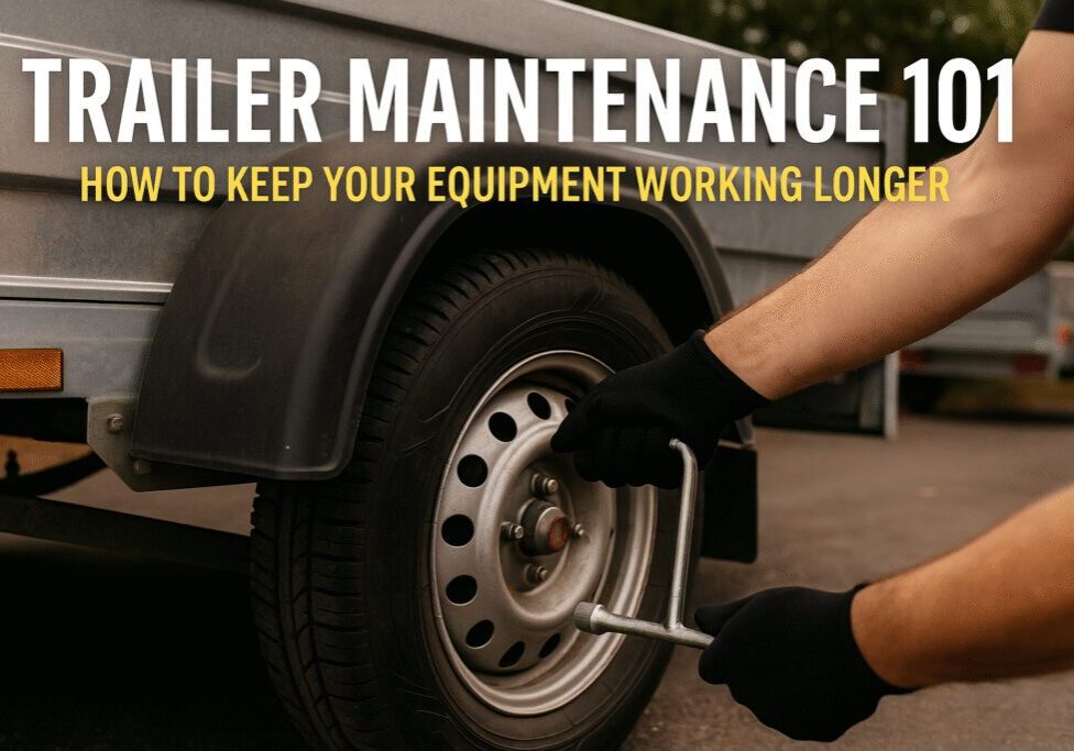 Mechanic applying grease to a trailer wheel hub during maintenance, with a Gordon Trailer Sales & Rentals logo in the background