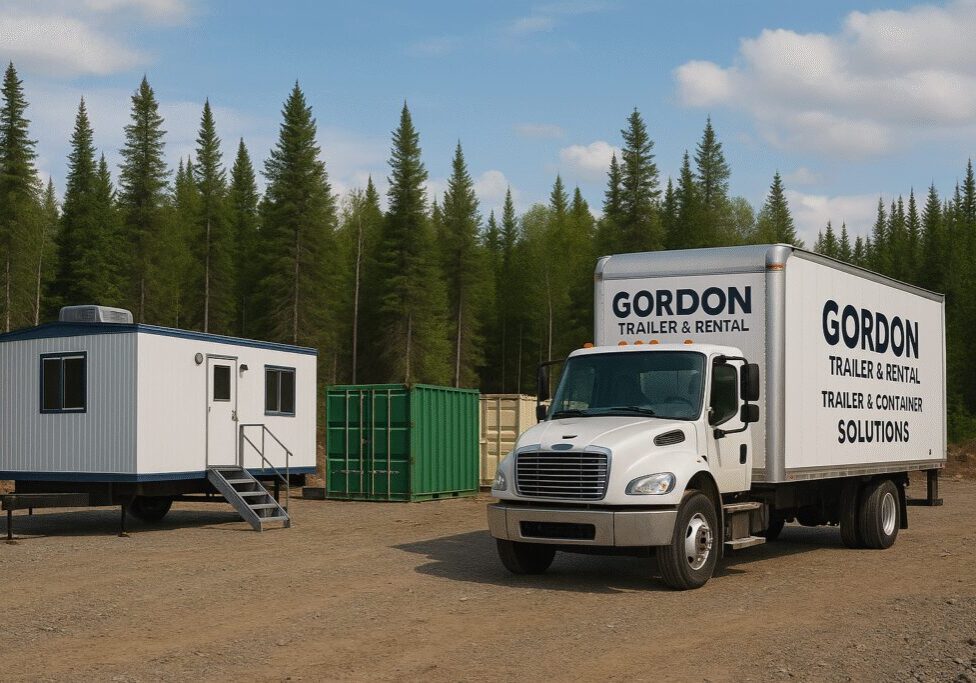 A remote Northern Ontario worksite with a mobile office trailer, storage containers, and a Gordon Trailer delivery truck.