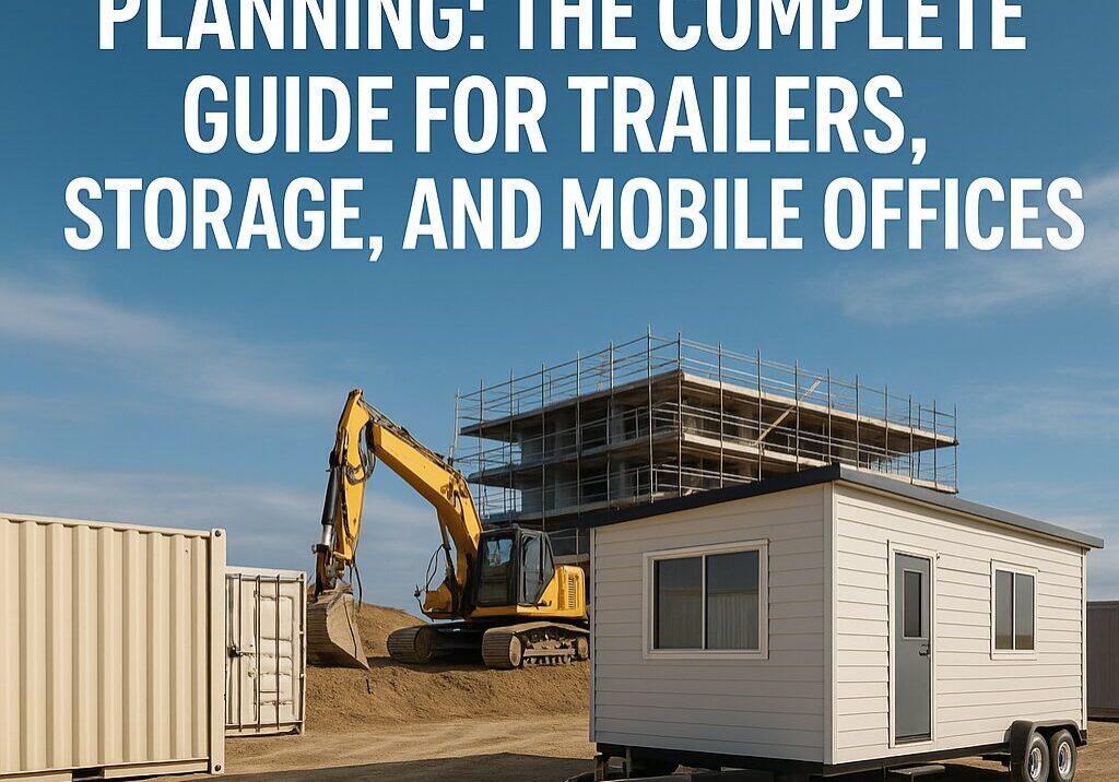 A construction site with a mobile office trailer, shipping containers, and an excavator under blue sky, representing job site logistics and planning.